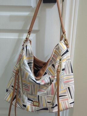 HUNTER Striped Pattern Hobo Bag with Tan Trim - Women Bags